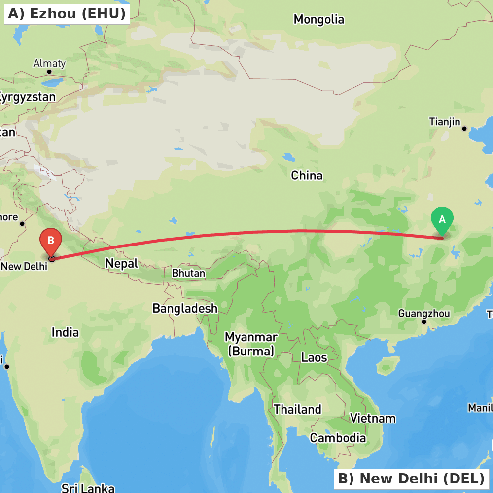 Flight route map from Ezhou to New Delhi