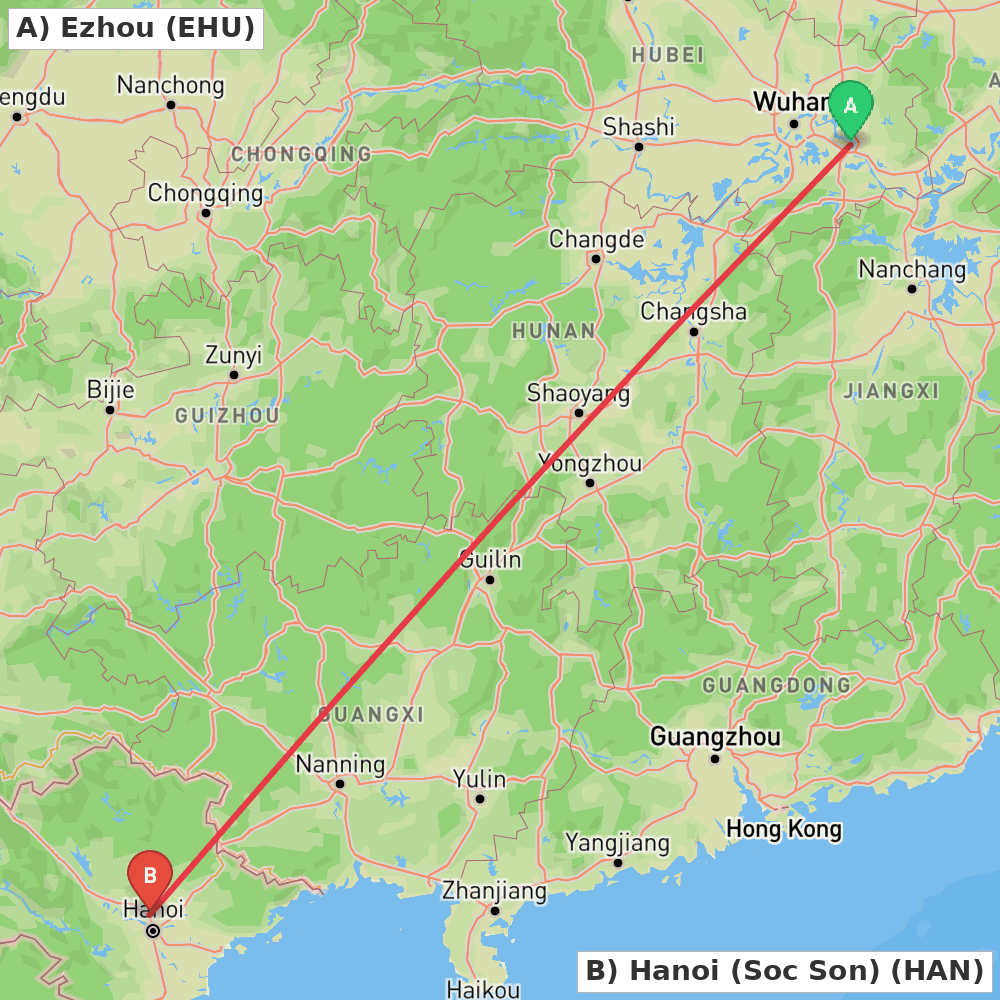 Flight route map from Ezhou to Hanoi (Soc Son)