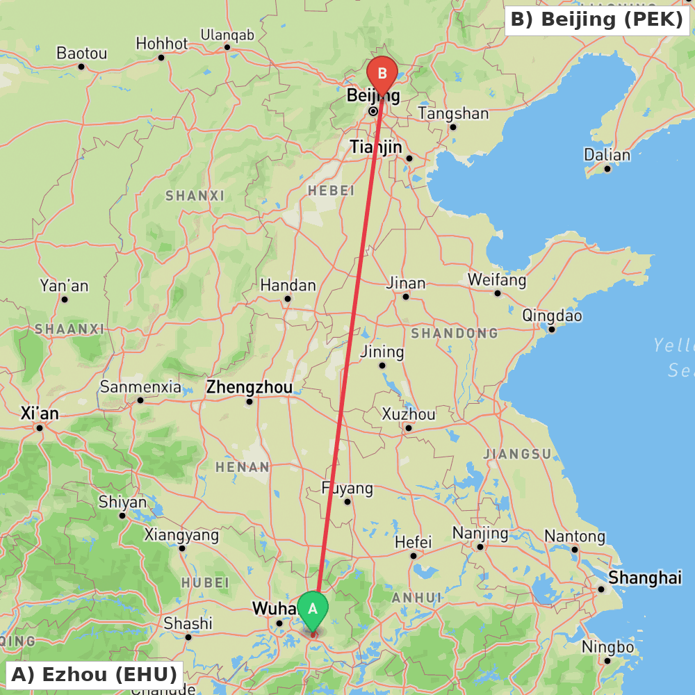 Flight route map from Ezhou to Beijing