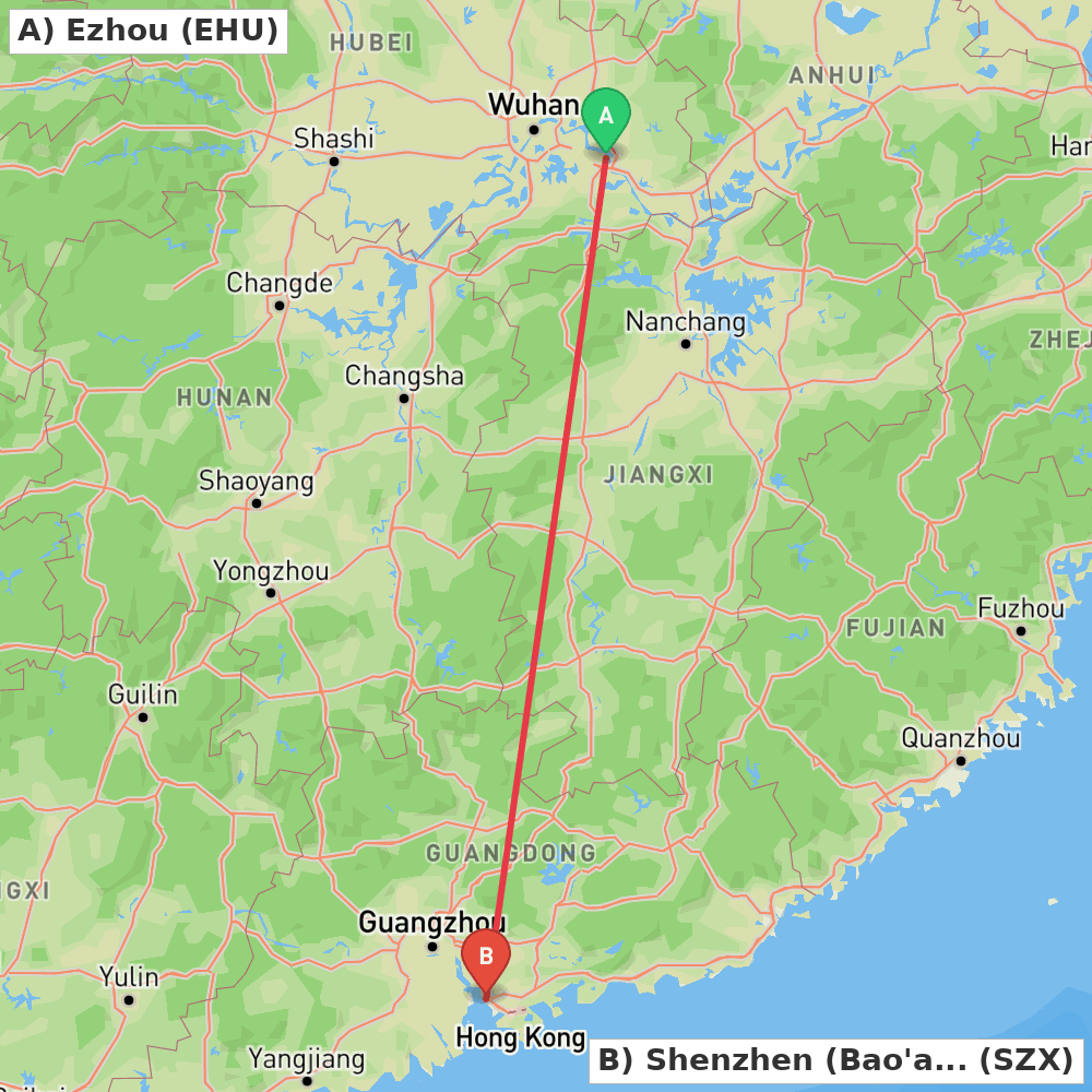 Flight route map from Ezhou to Shenzhen (Bao'an)