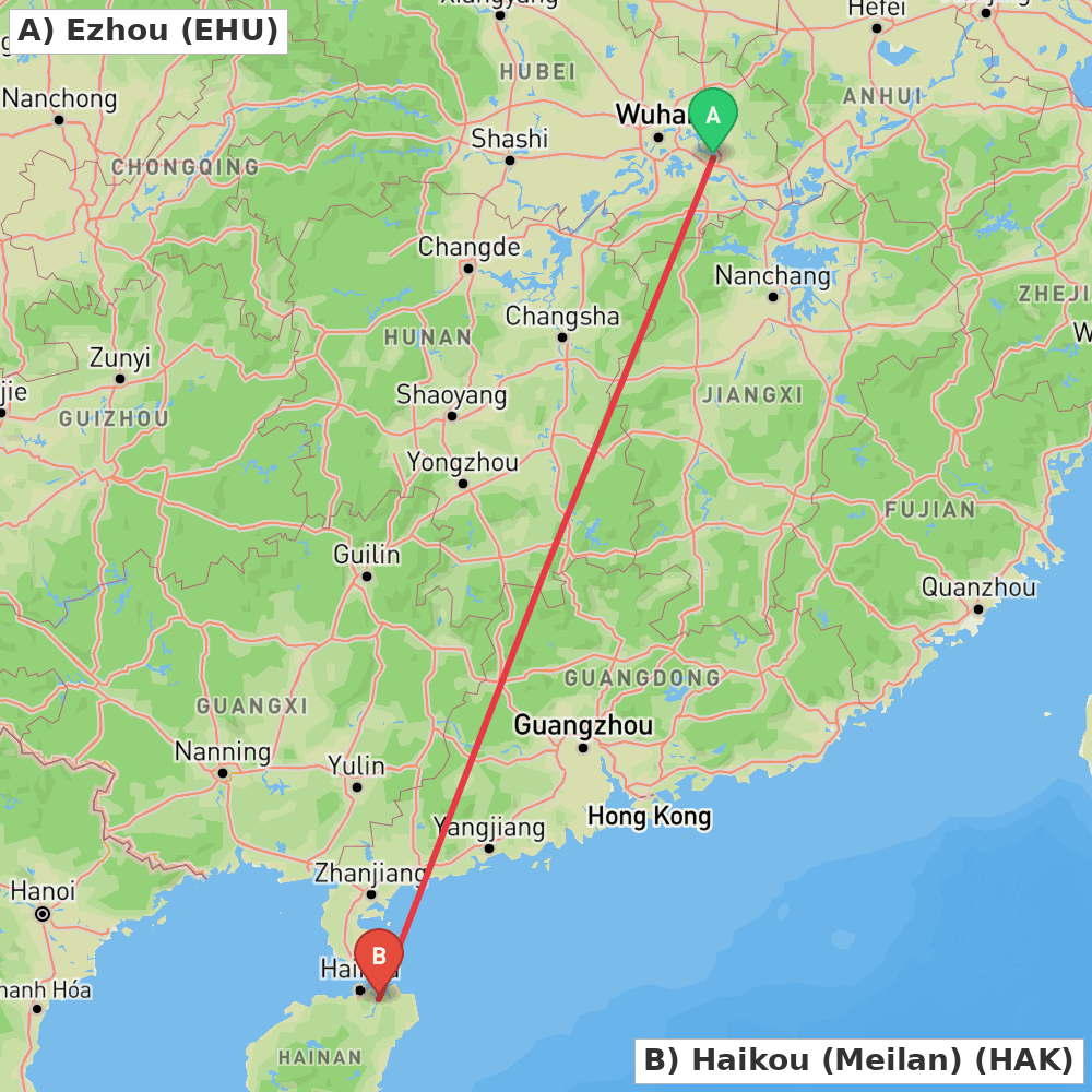 Flight route map from Ezhou to Haikou (Meilan)
