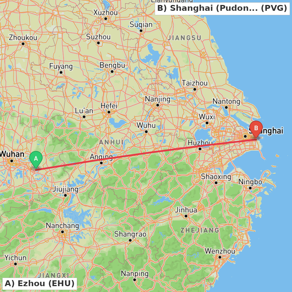 Flight route map from Ezhou to Shanghai (Pudong)