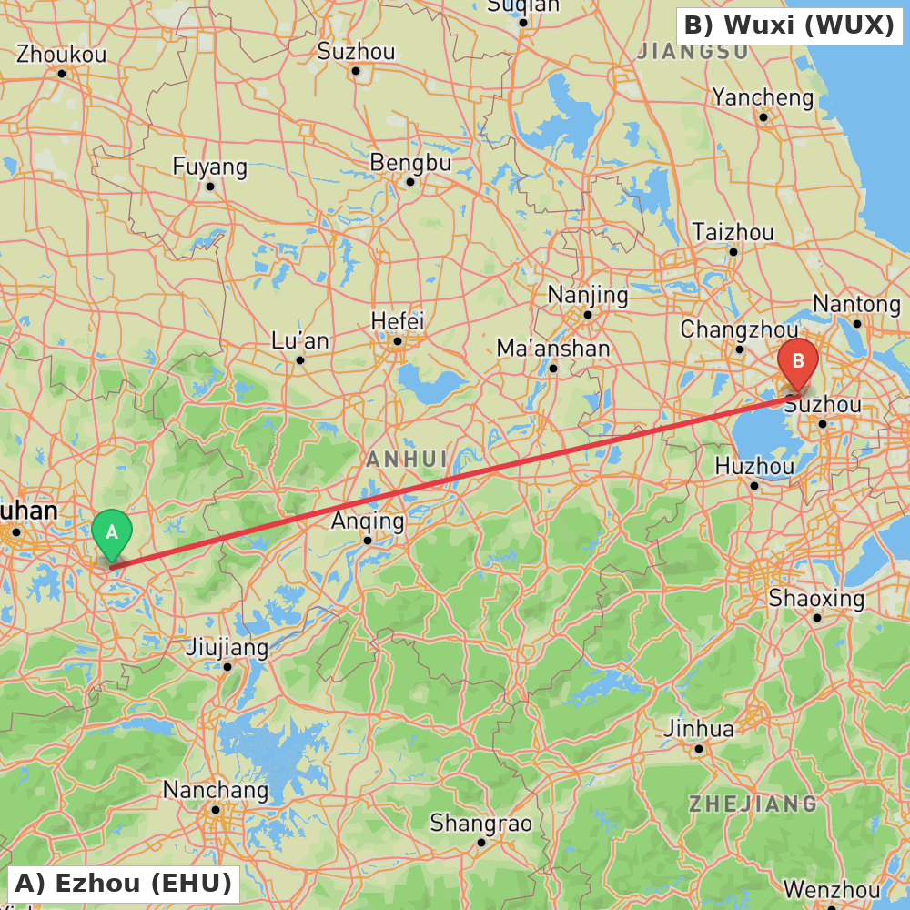 Flight route map from Ezhou to Wuxi