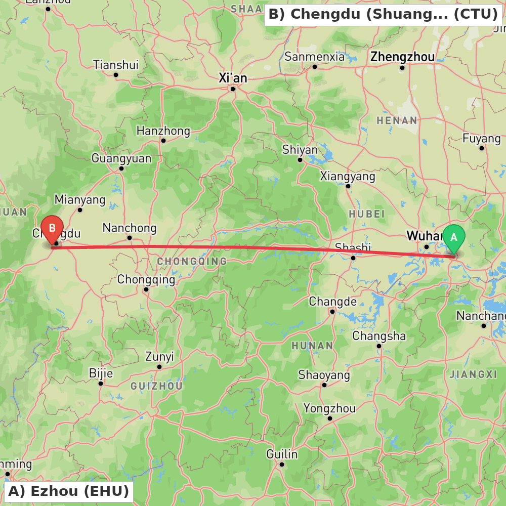 Flight route map from Ezhou to Chengdu (Shuangliu)