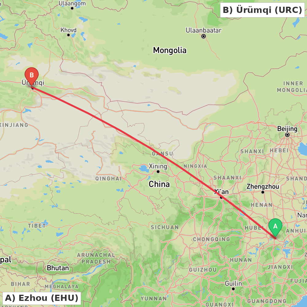Flight route map from Ezhou to Ürümqi