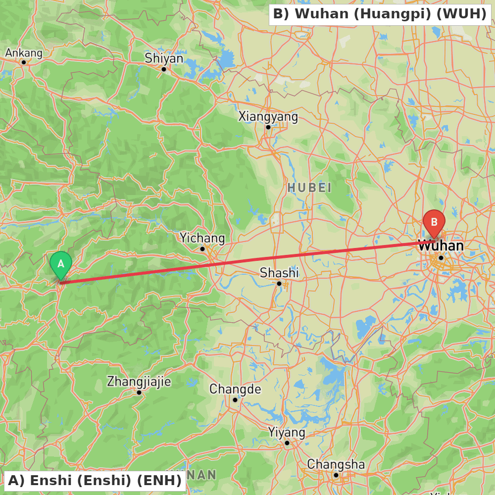 Flight route map from Enshi (Enshi) to Wuhan (Huangpi)