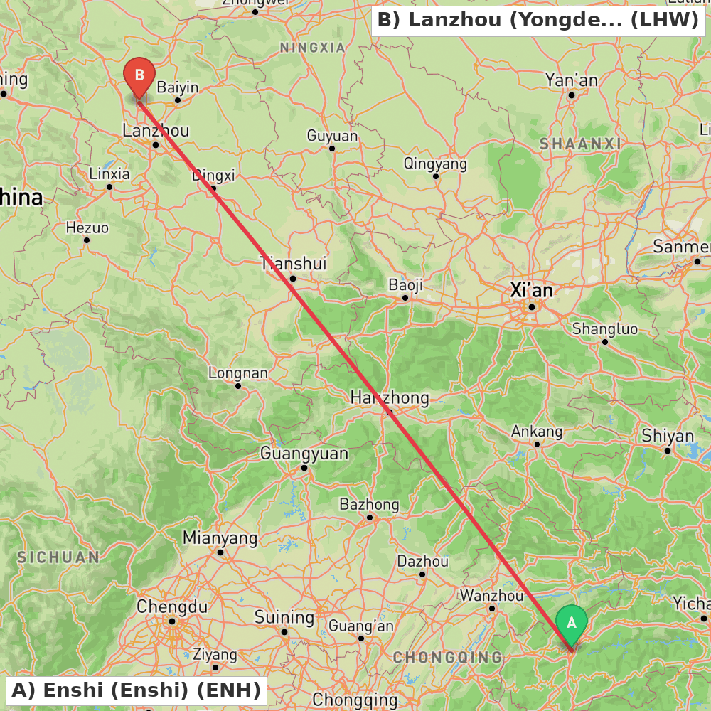 Flight route map from Enshi (Enshi) to Lanzhou (Yongdeng)