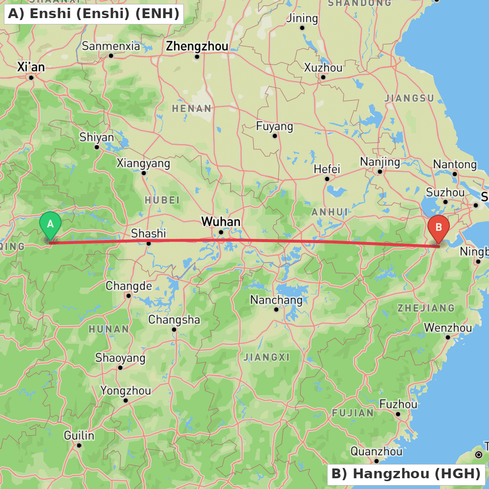 Flight route map from Enshi (Enshi) to Hangzhou