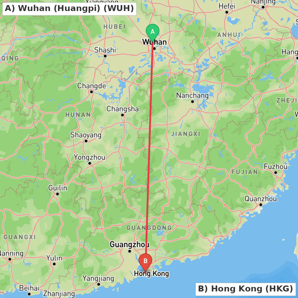 Flight route map from Wuhan (Huangpi) to Hong Kong