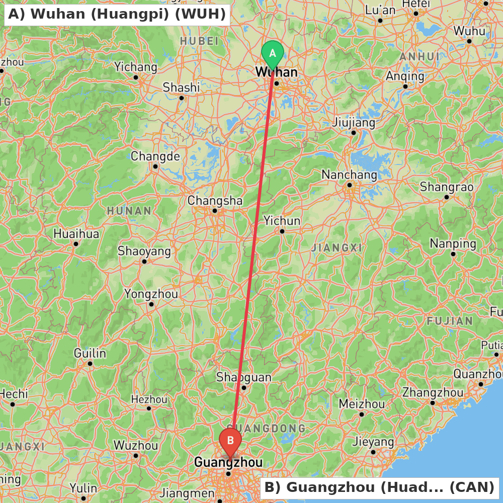 Flight route map from Wuhan (Huangpi) to Guangzhou (Huadu)