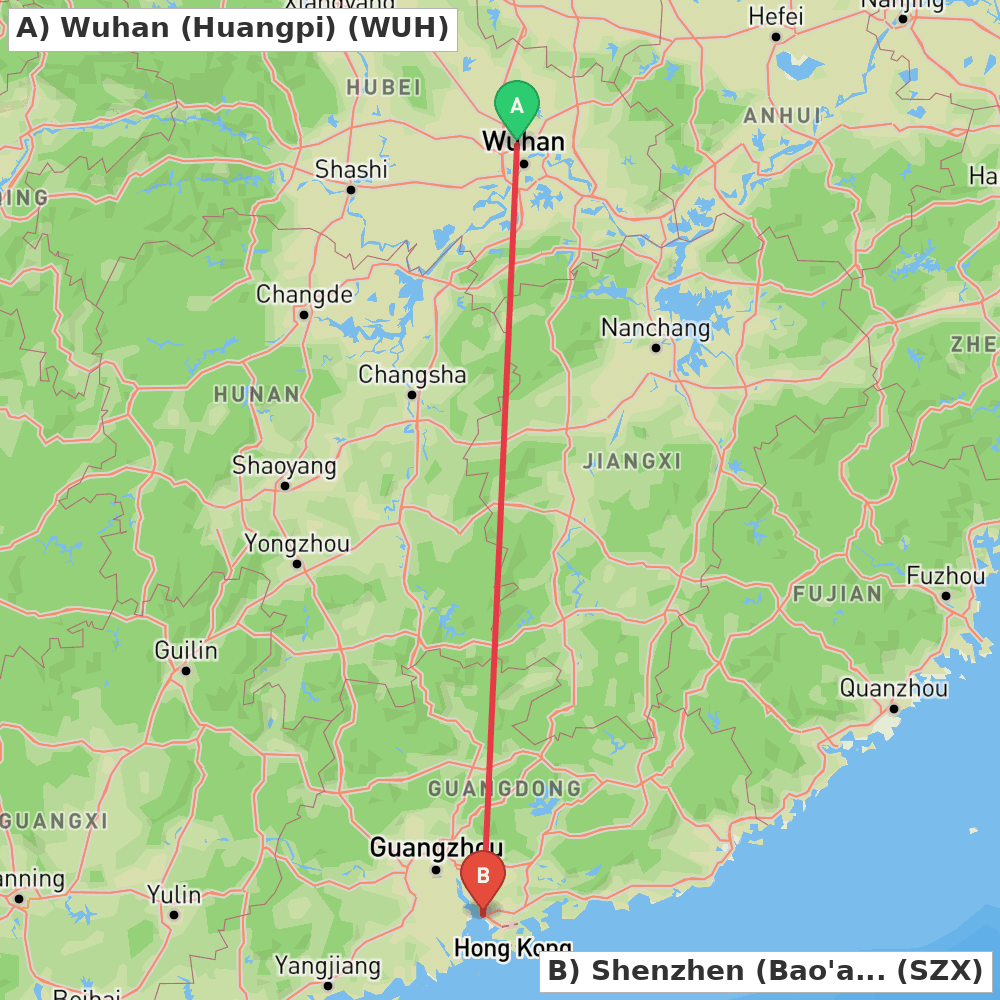 Flight route map from Wuhan (Huangpi) to Shenzhen (Bao'an)