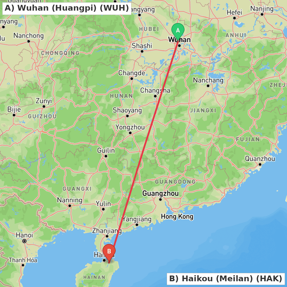 Flight route map from Wuhan (Huangpi) to Haikou (Meilan)