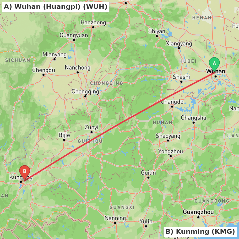 Flight route map from Wuhan (Huangpi) to Kunming