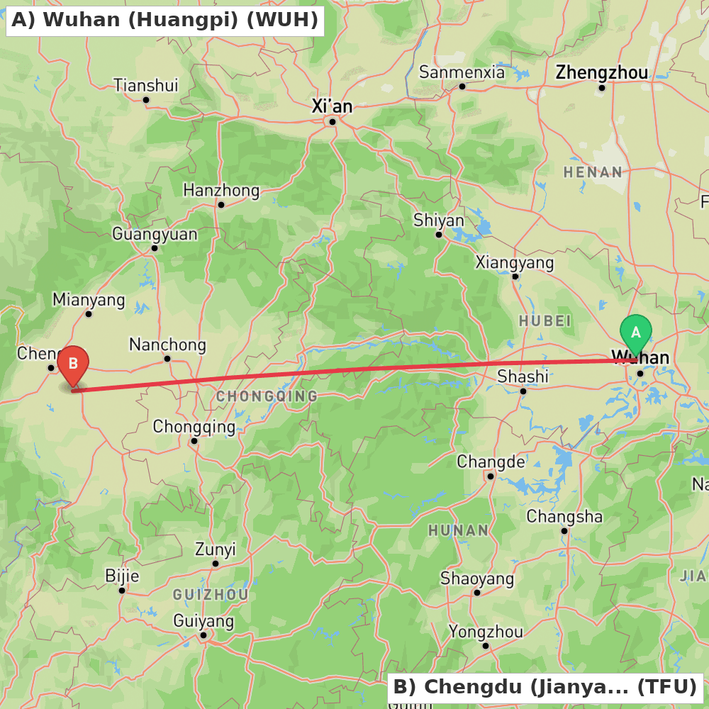 Flight route map from Wuhan (Huangpi) to Chengdu (Jianyang)