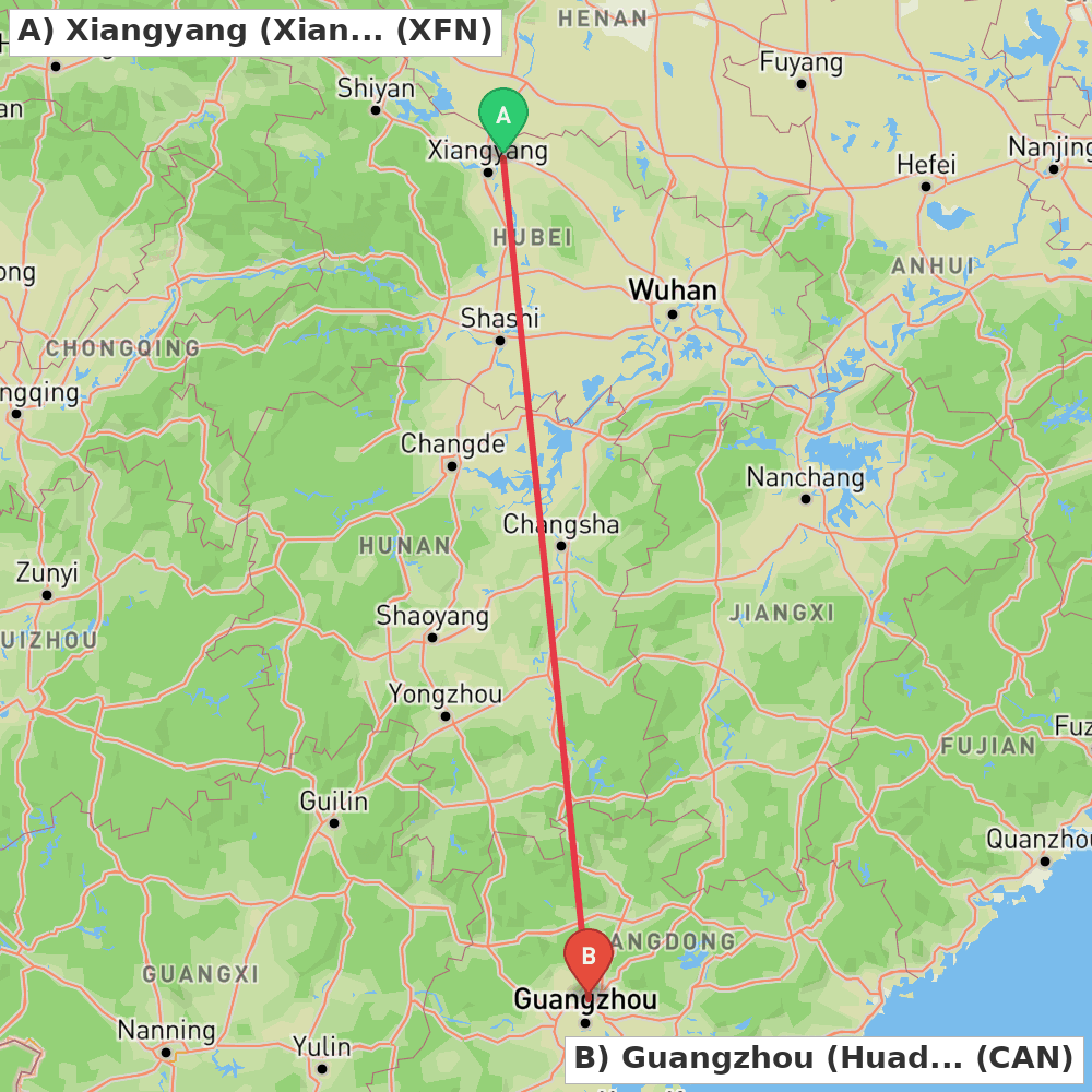 Flight route map from Xiangyang (Xiangzhou) to Guangzhou (Huadu)