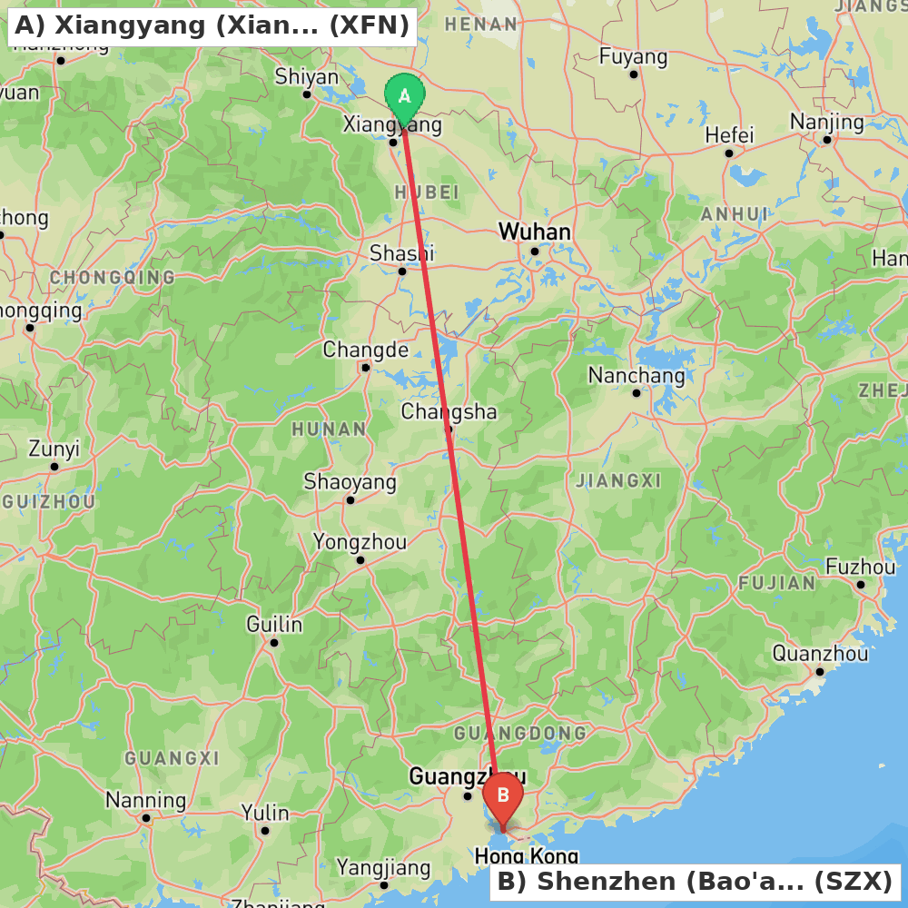 Flight route map from Xiangyang (Xiangzhou) to Shenzhen (Bao'an)