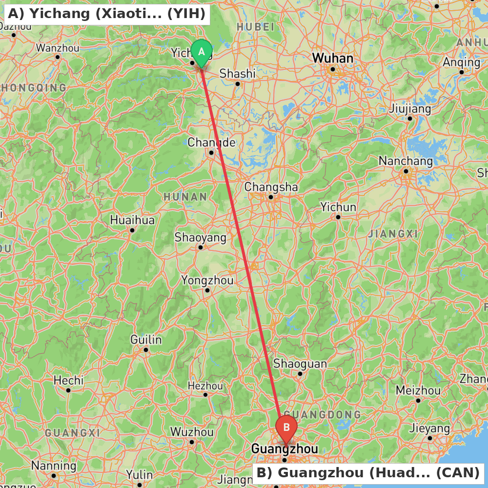 Flight route map from Yichang (Xiaoting) to Guangzhou (Huadu)