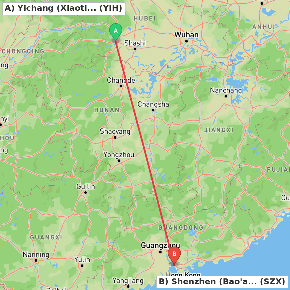 Flight route map from Yichang (Xiaoting) to Shenzhen (Bao'an)