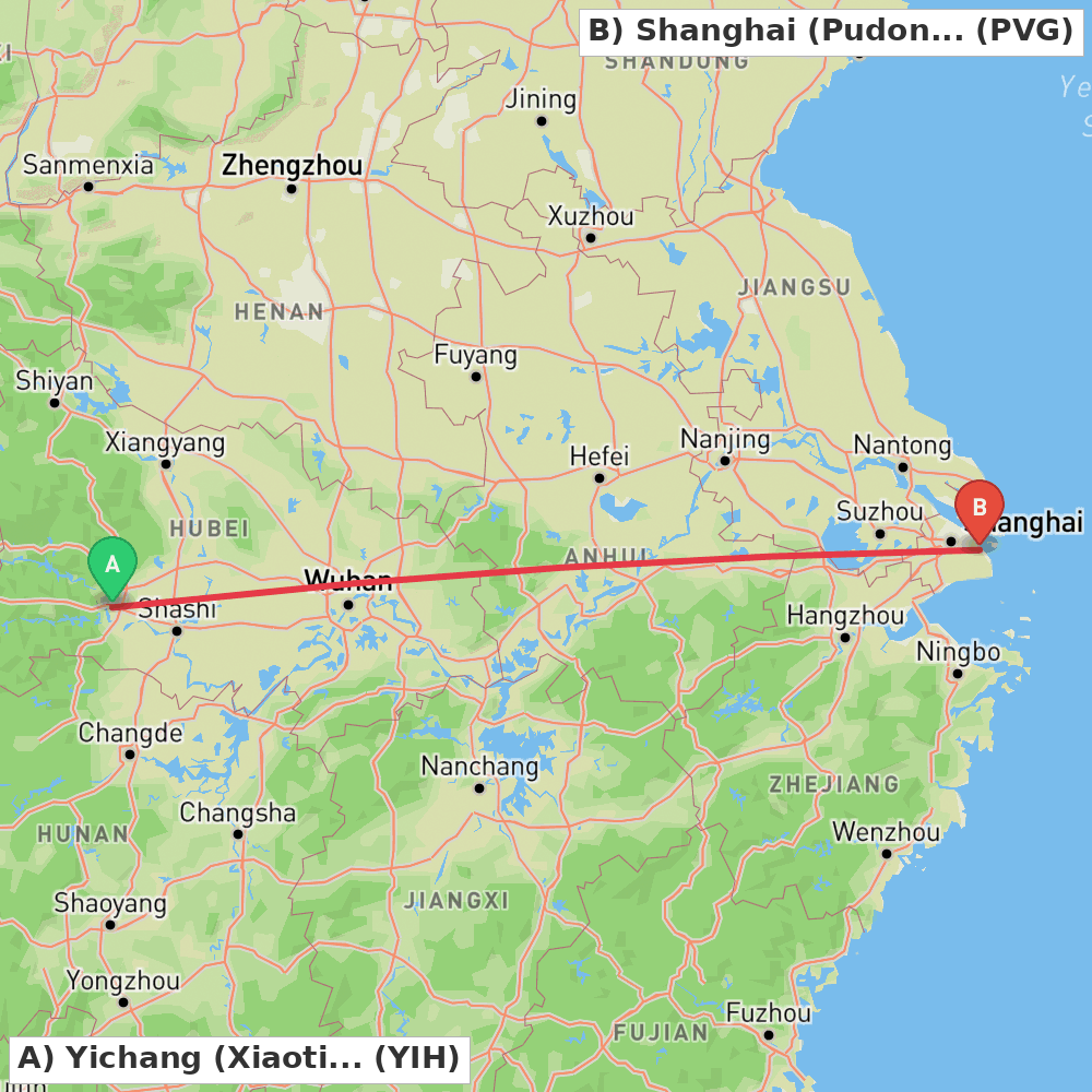 Flight route map from Yichang (Xiaoting) to Shanghai (Pudong)