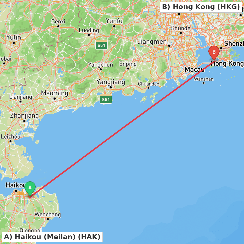 Flight route map from Haikou (Meilan) to Hong Kong