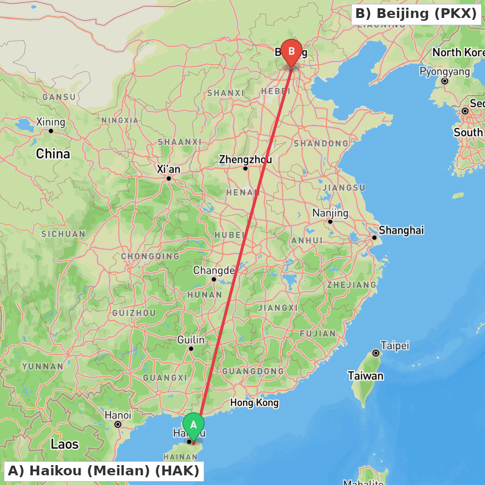 Flight route map from Haikou (Meilan) to Beijing