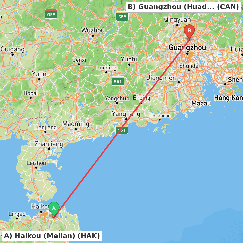 Flight route map from Haikou (Meilan) to Guangzhou (Huadu)