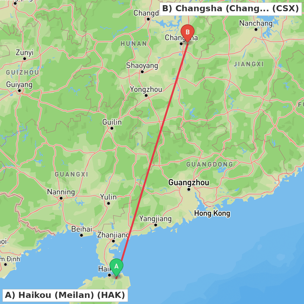 Flight route map from Haikou (Meilan) to Changsha (Changsha)