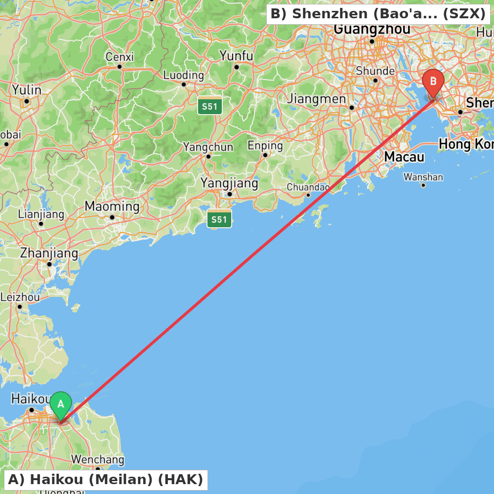 Flight route map from Haikou (Meilan) to Shenzhen (Bao'an)