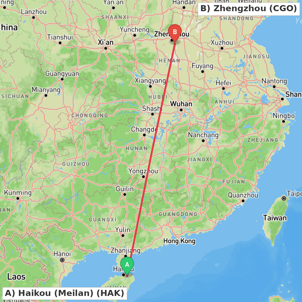 Flight route map from Haikou (Meilan) to Zhengzhou