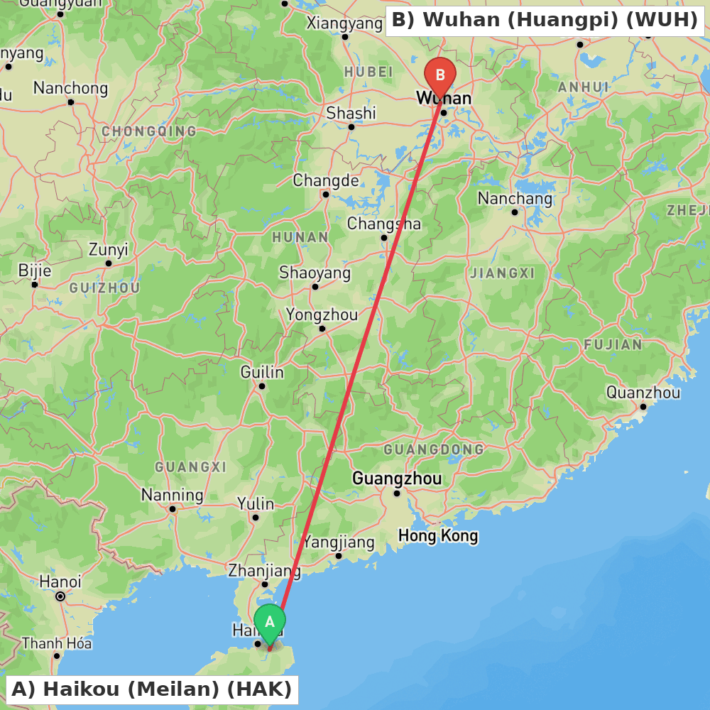 Flight route map from Haikou (Meilan) to Wuhan (Huangpi)