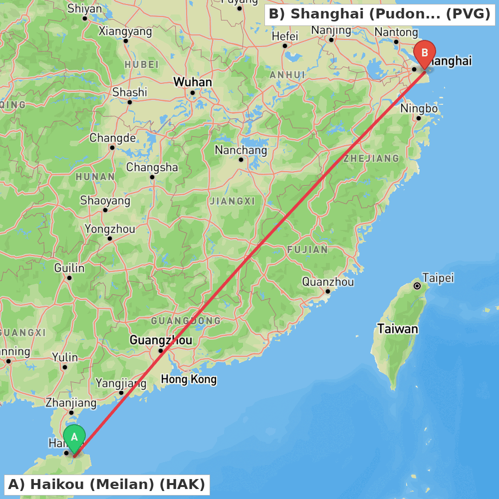 Flight route map from Haikou (Meilan) to Shanghai (Pudong)