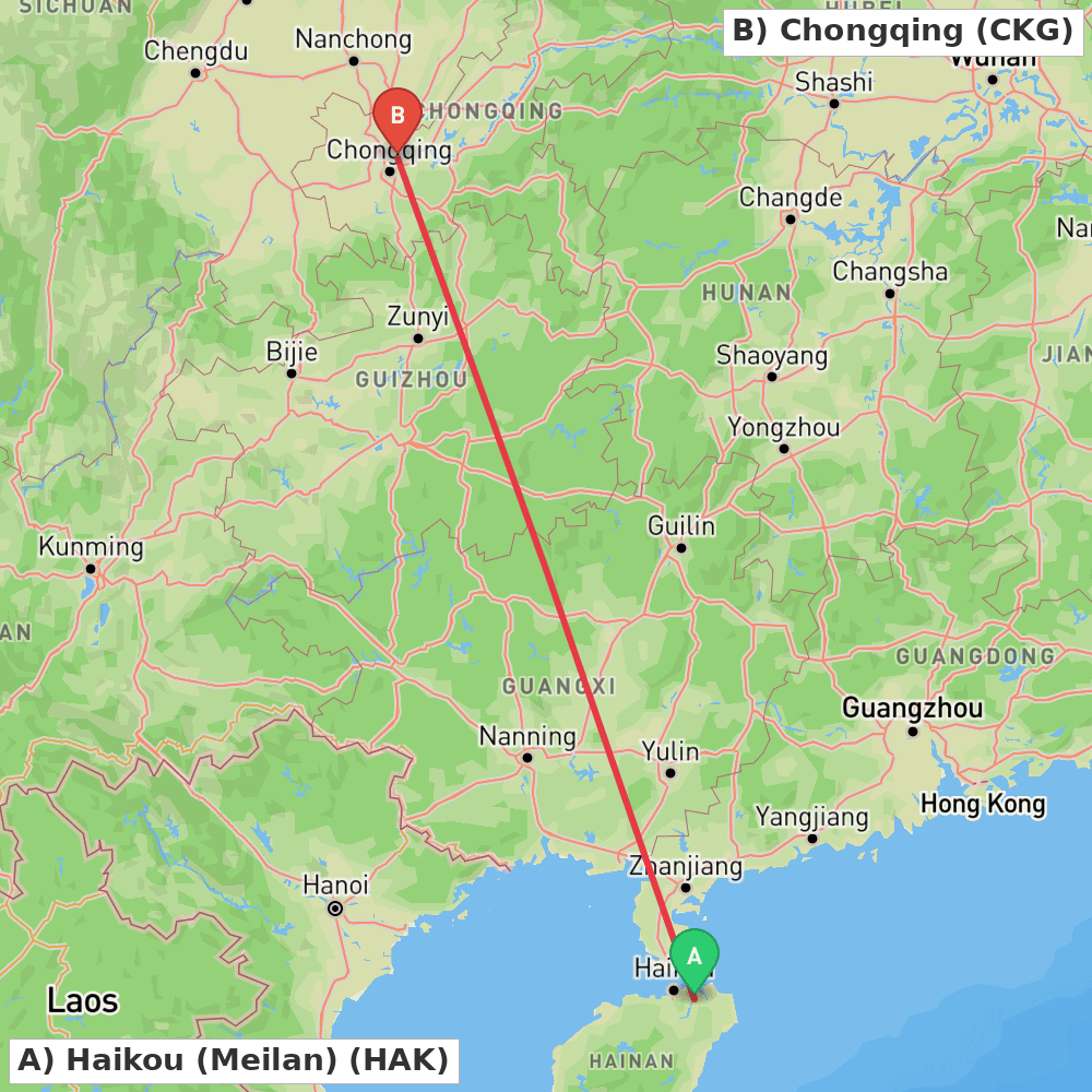 Flight route map from Haikou (Meilan) to Chongqing