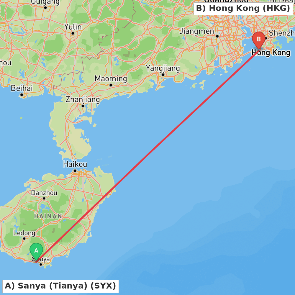 Flight route map from Sanya (Tianya) to Hong Kong
