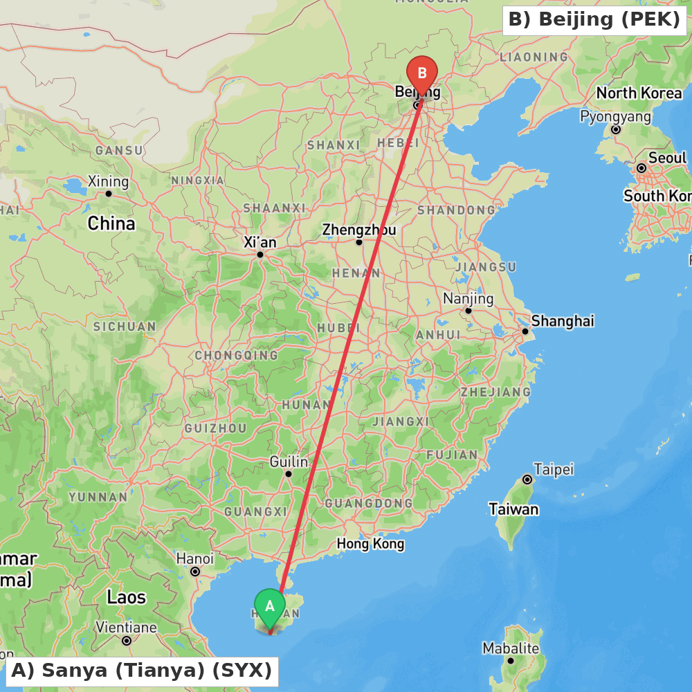 Flight route map from Sanya (Tianya) to Beijing