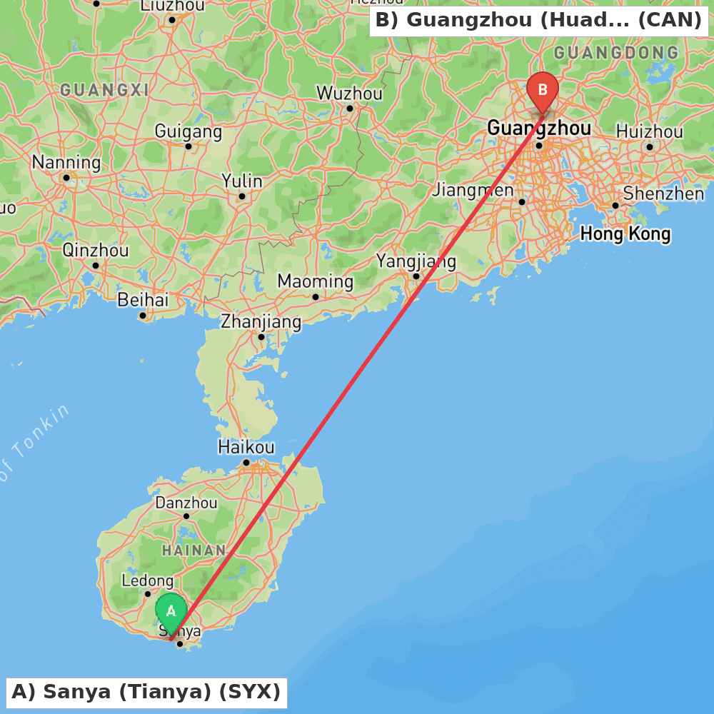 Flight route map from Sanya (Tianya) to Guangzhou (Huadu)