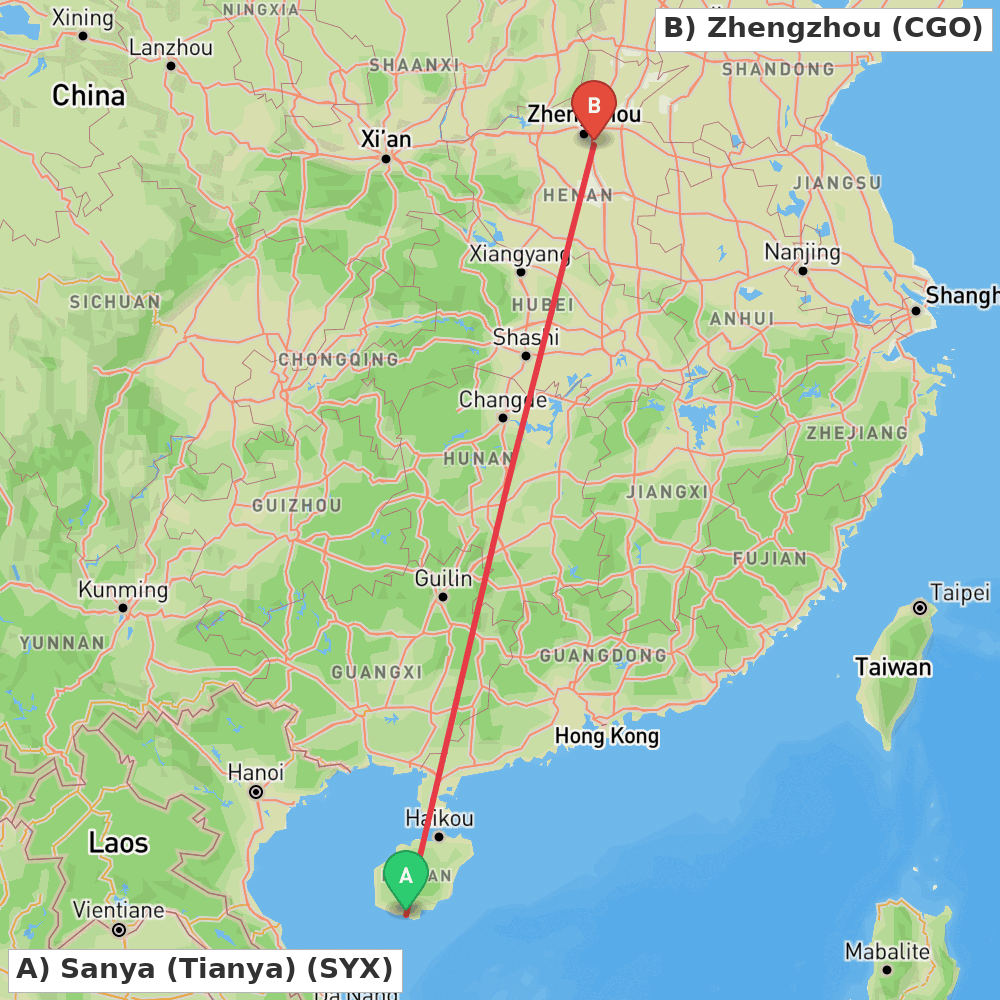 Flight route map from Sanya (Tianya) to Zhengzhou
