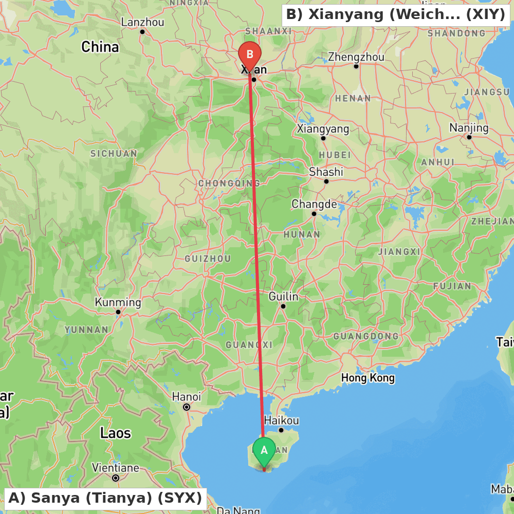 Flight route map from Sanya (Tianya) to Xianyang (Weicheng)