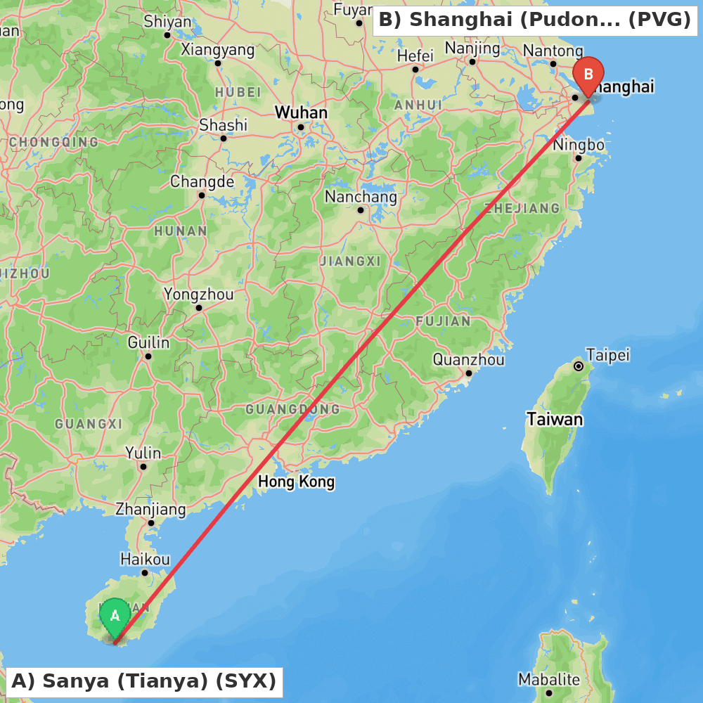 Flight route map from Sanya (Tianya) to Shanghai (Pudong)