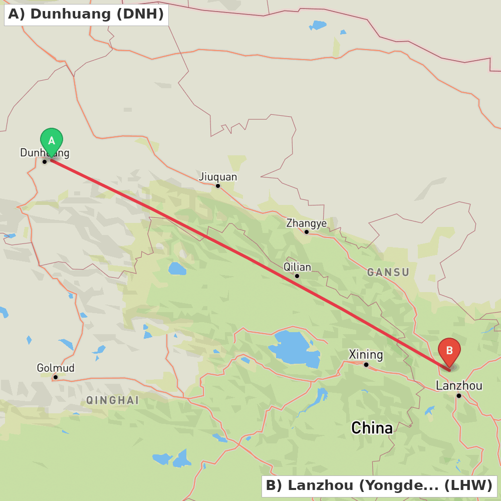 Flight route map from Dunhuang to Lanzhou (Yongdeng)