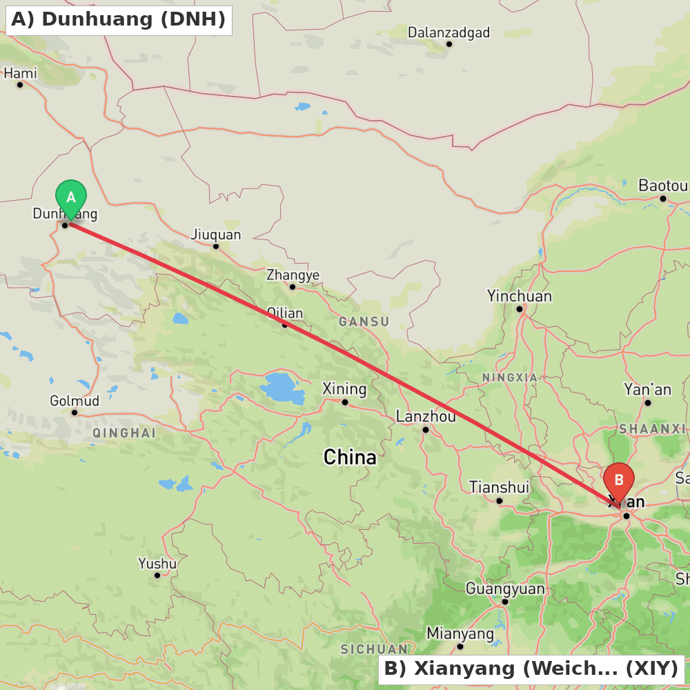 Flight route map from Dunhuang to Xianyang (Weicheng)