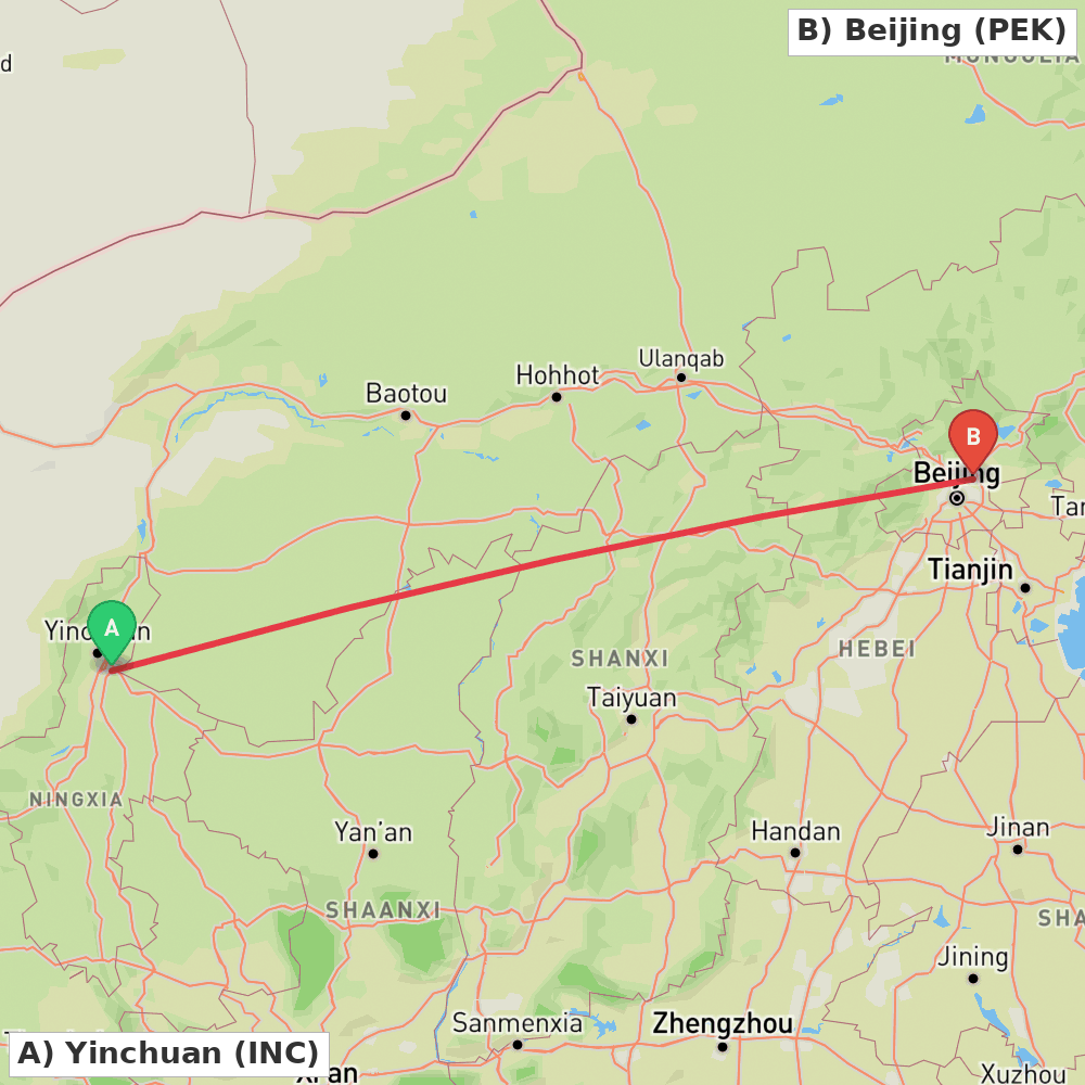 Flight route map from Yinchuan to Beijing