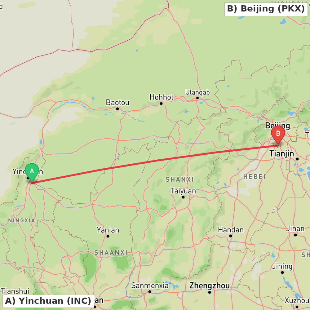 Flight route map from Yinchuan to Beijing
