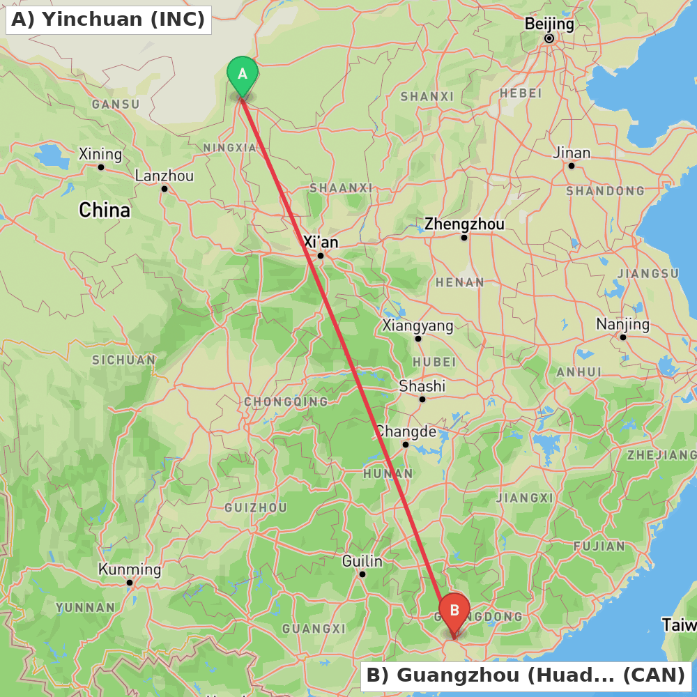 Flight route map from Yinchuan to Guangzhou (Huadu)
