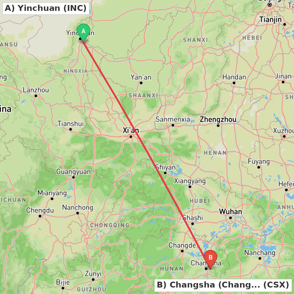 Flight route map from Yinchuan to Changsha (Changsha)