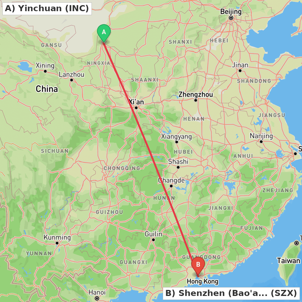 Flight route map from Yinchuan to Shenzhen (Bao'an)