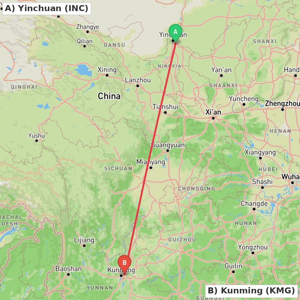 Flight route map from Yinchuan to Kunming