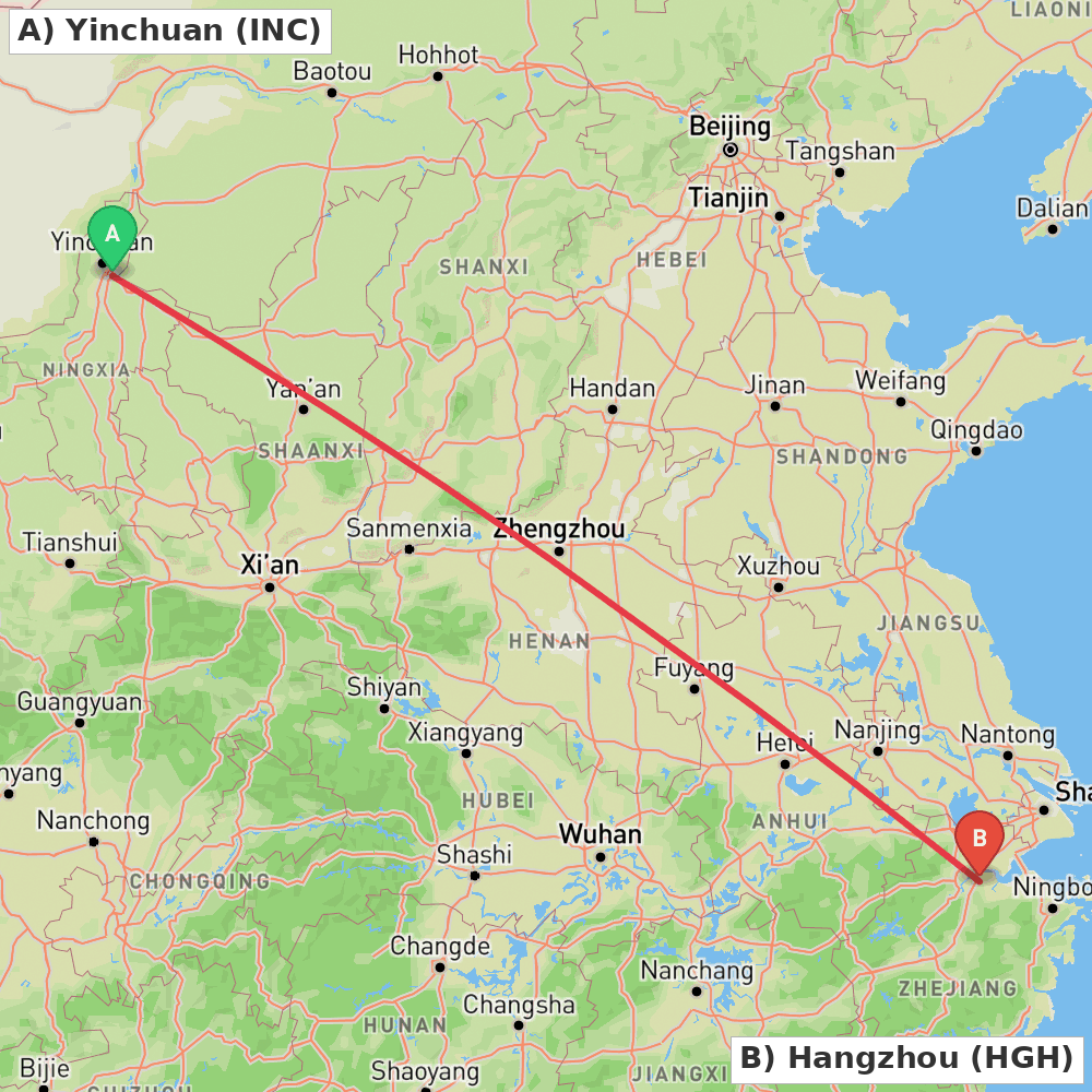 Flight route map from Yinchuan to Hangzhou