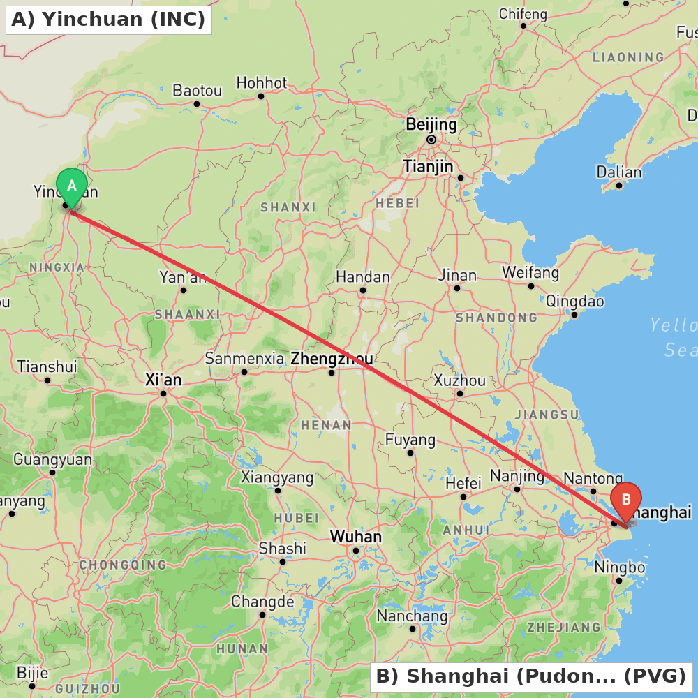 Flight route map from Yinchuan to Shanghai (Pudong)