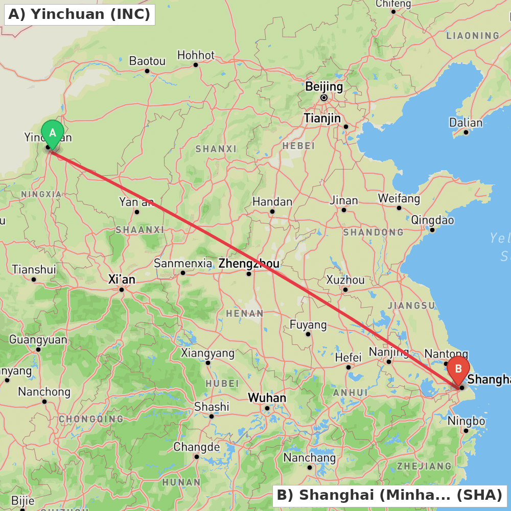 Flight route map from Yinchuan to Shanghai (Minhang)