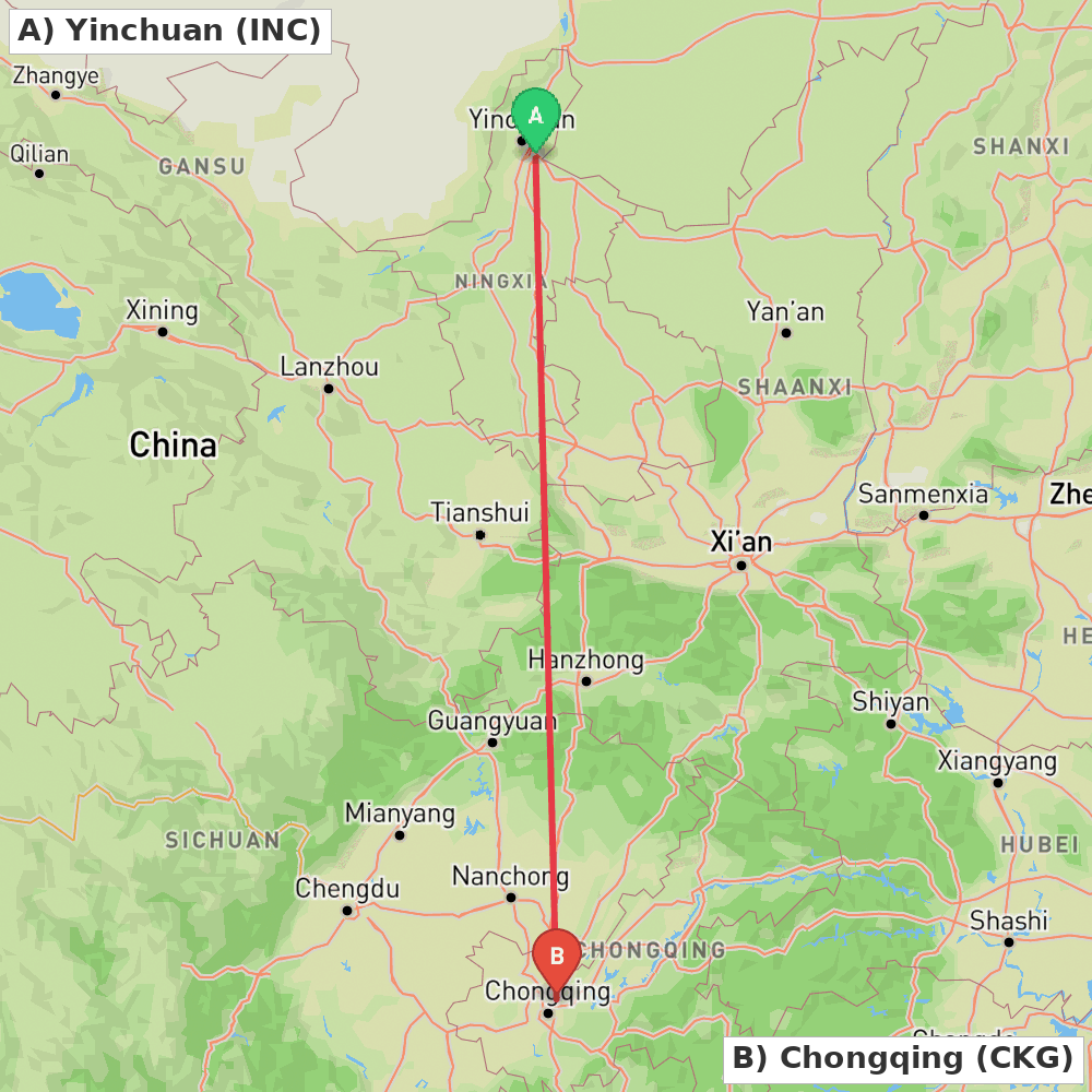 Flight route map from Yinchuan to Chongqing